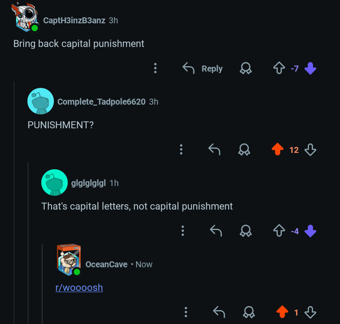 Reddit thread where a user corrects a joke about capital letters by taking the phrase capital punishment literally.