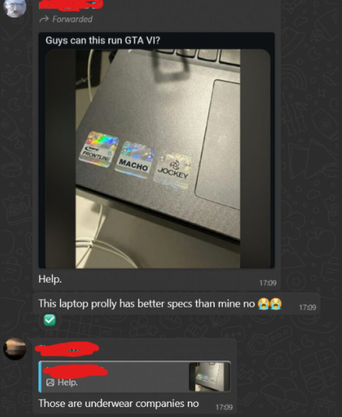 Online chat screenshot of a person mistaking underwear brand stickers on a laptop for actual computer specs.