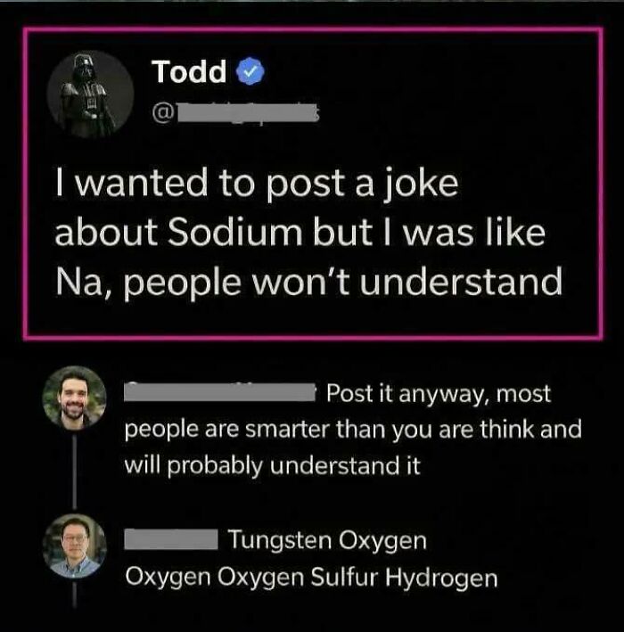 A social media exchange where a user corrected an obvious joke using chemical element spelling.
