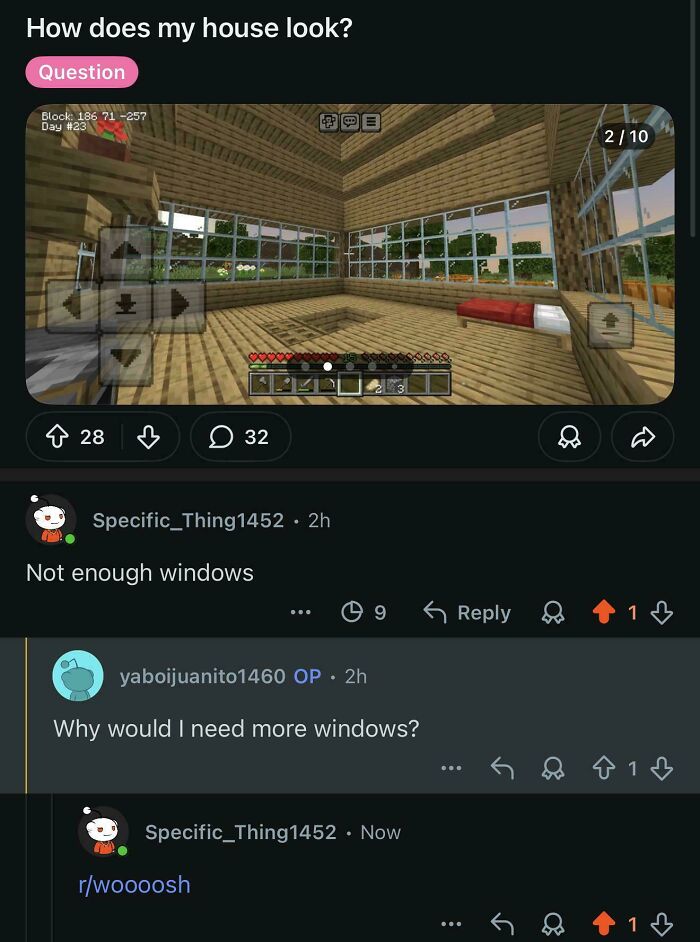 Screenshot of a Minecraft house forum post where a user corrected an obvious joke about windows.