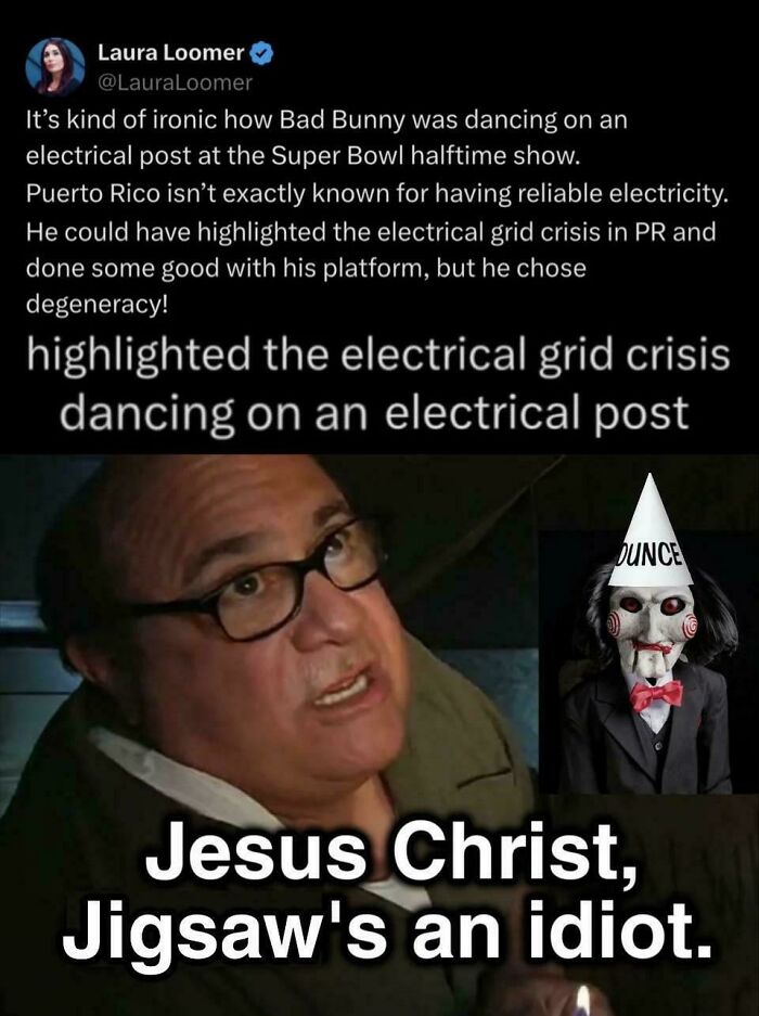 Social media post and meme mocking a user who corrected an obvious joke about Jigsaw with total confidence.