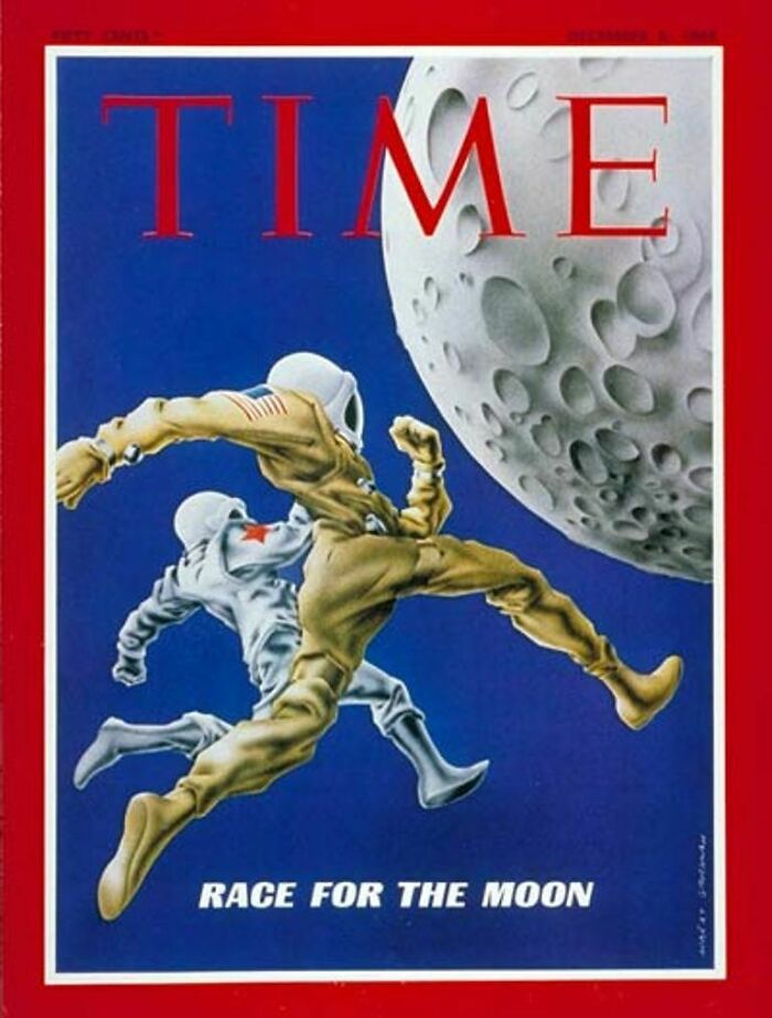 Retrofuturism TIME magazine cover depicting astronauts racing toward the moon