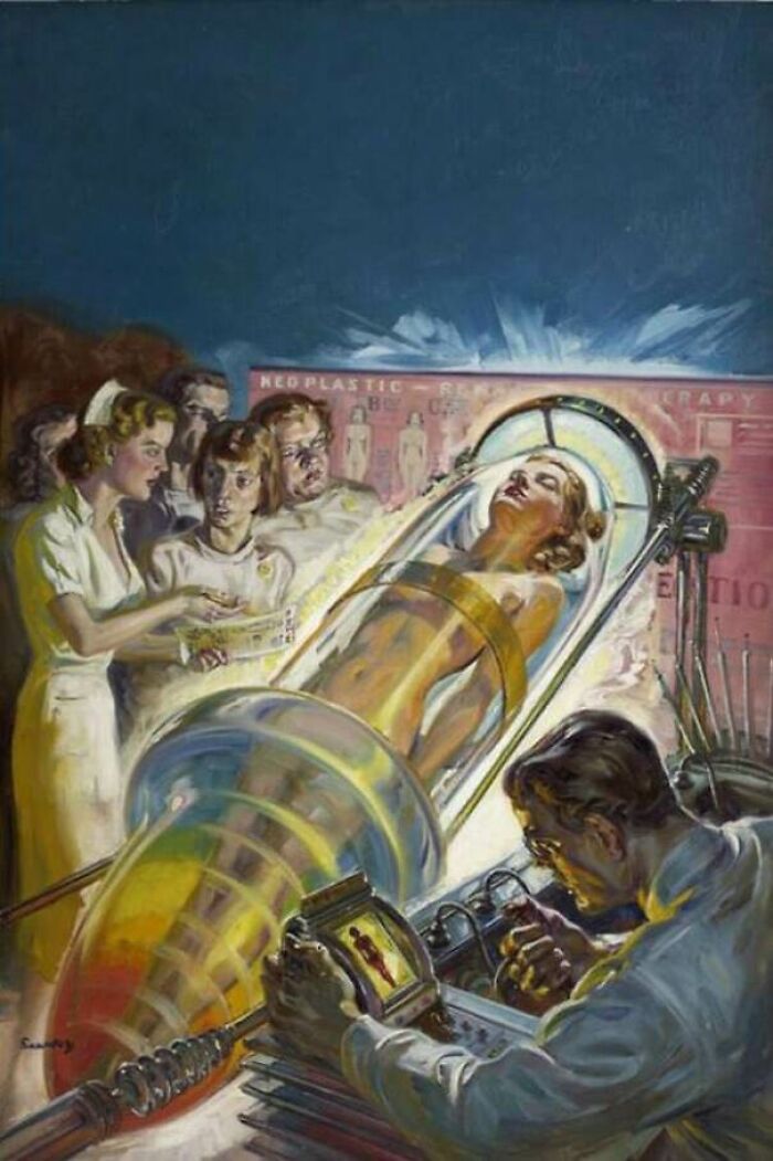 Retrofuturism art showing futuristic medical treatment with a woman in a high-tech glass chamber