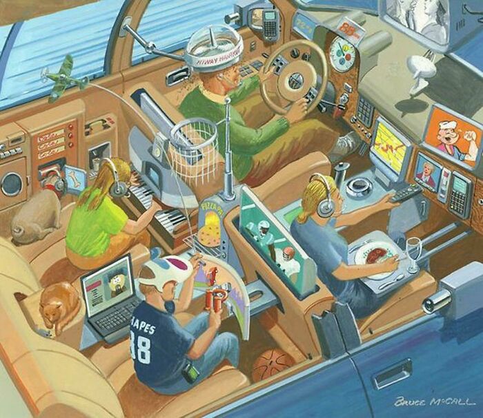 Retrofuturism cartoon of futuristic car interior with multiple screens and gadgets