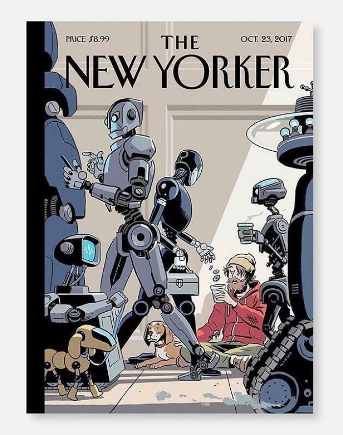 Retrofuturism New Yorker cover featuring robots and homeless man with dog