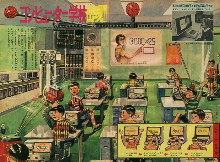 Retrofuturism retro computer classroom scene with students using early tech devices