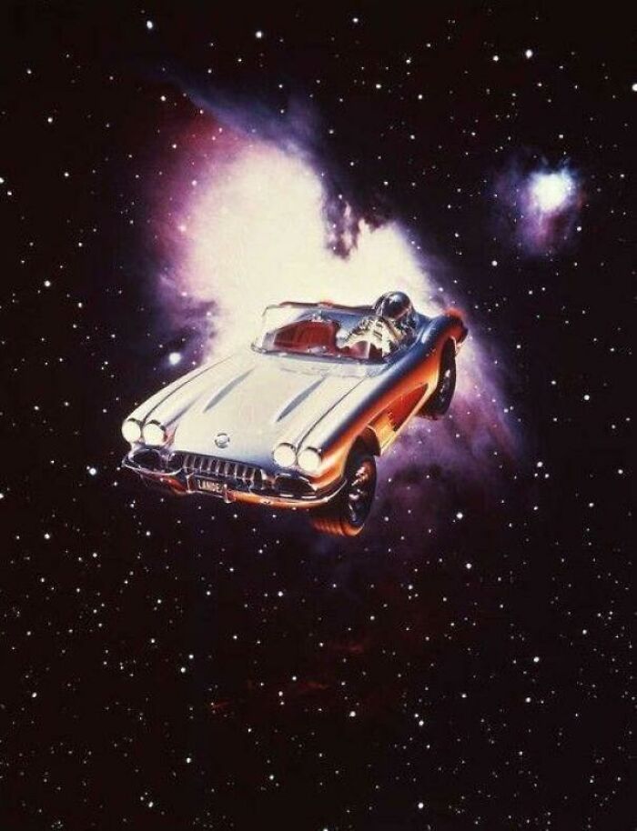 Retrofuturism concept of classic car floating in space with cosmic background
