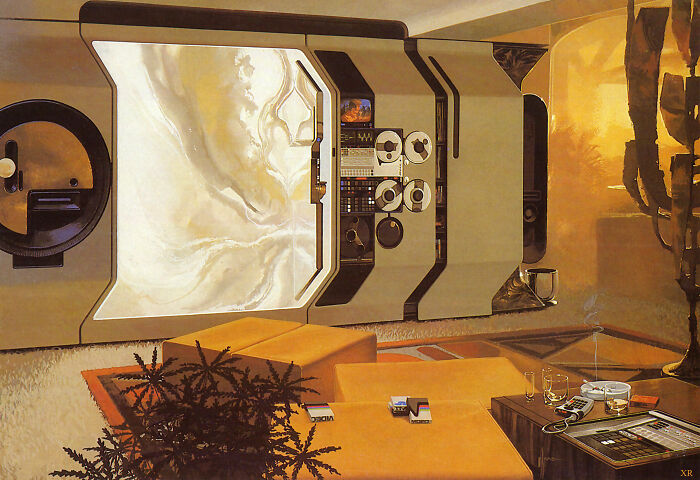 Retrofuturism vintage space station interior with technology and living area