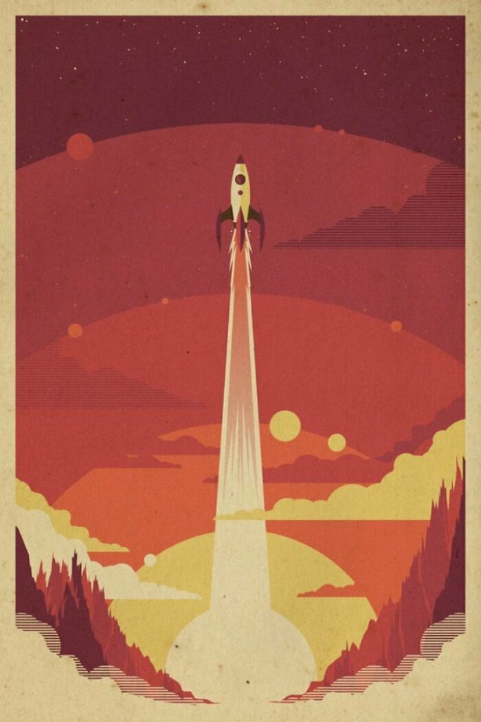 Retrofuturism rocket launch art with retro design and red space background