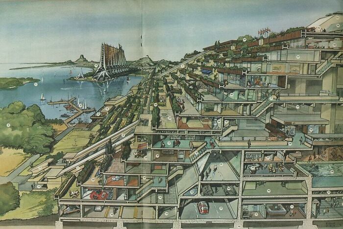 Retrofuturism illustration showing futuristic terraced city with multiple layers and greenery