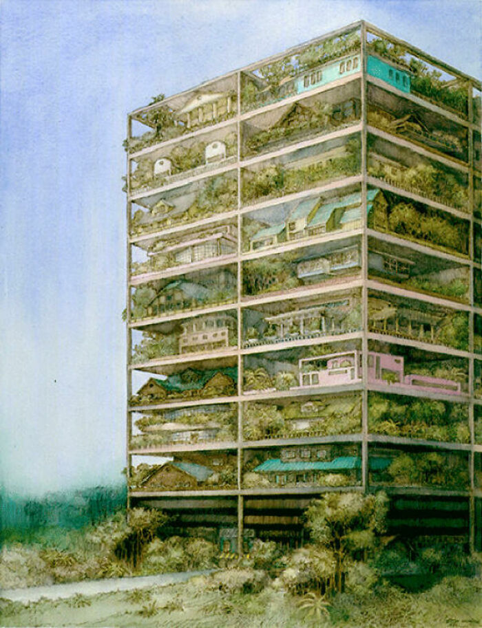 Retrofuturistic vertical farming building with greenery and house-like units inside