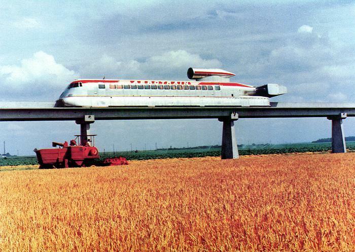 Monorail train futuristic transit system over rural farmland field