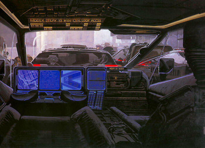 Retrofuturistic car interior with multiple blue digital screens and controls