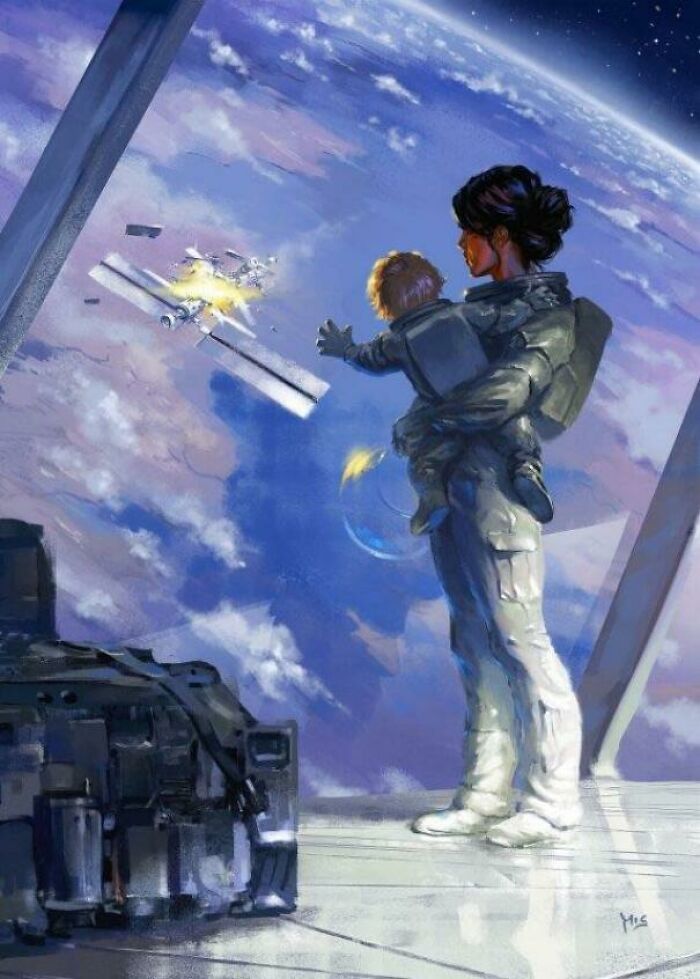 Digital painting of woman and child in space station viewing Earth and spacecraft