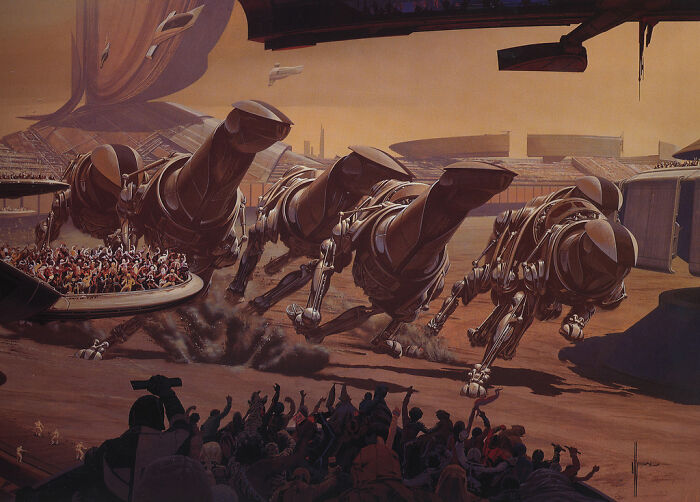 Retrofuturism art showing futuristic dinosaur-like machines in arena crowd