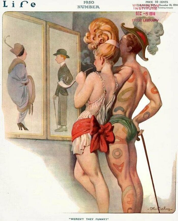 Retrofuturism vintage magazine cover artwork of couple looking at fashion outfits in mirror