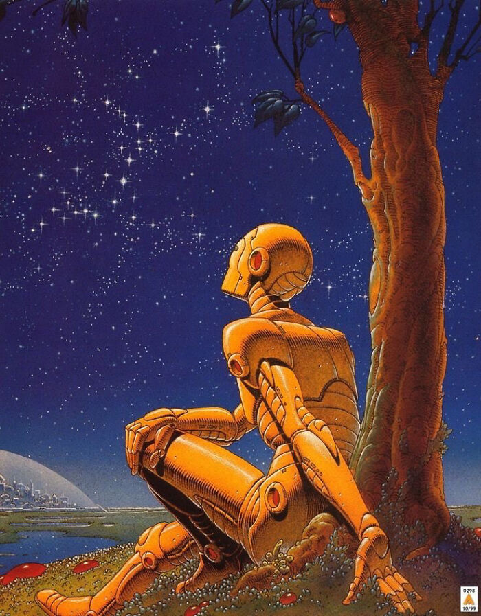 Retrofuturism illustrated robot sitting by tree looking at starry night sky