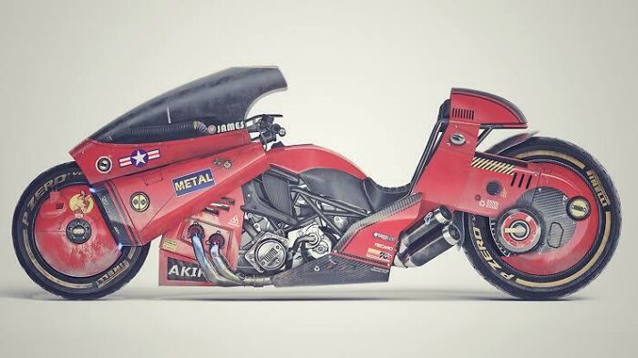 Retrofuturism red futuristic motorcycle with aerodynamic design and tech details