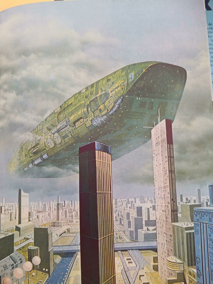 Retrofuturism large spaceship flying over city skyline with skyscrapers under cloudy sky