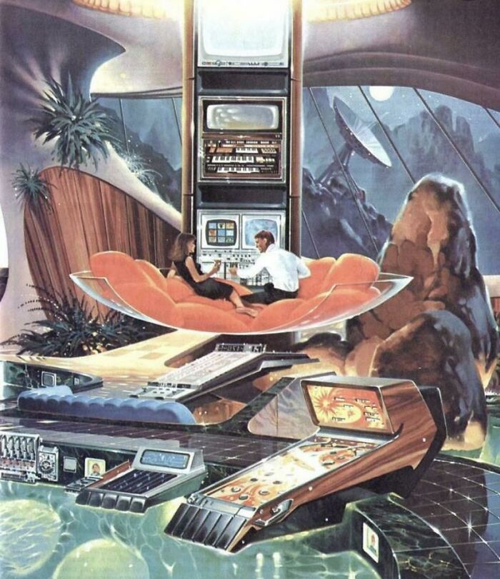 Retrofuturism futuristic lounge with floating couch and advanced vintage electronics