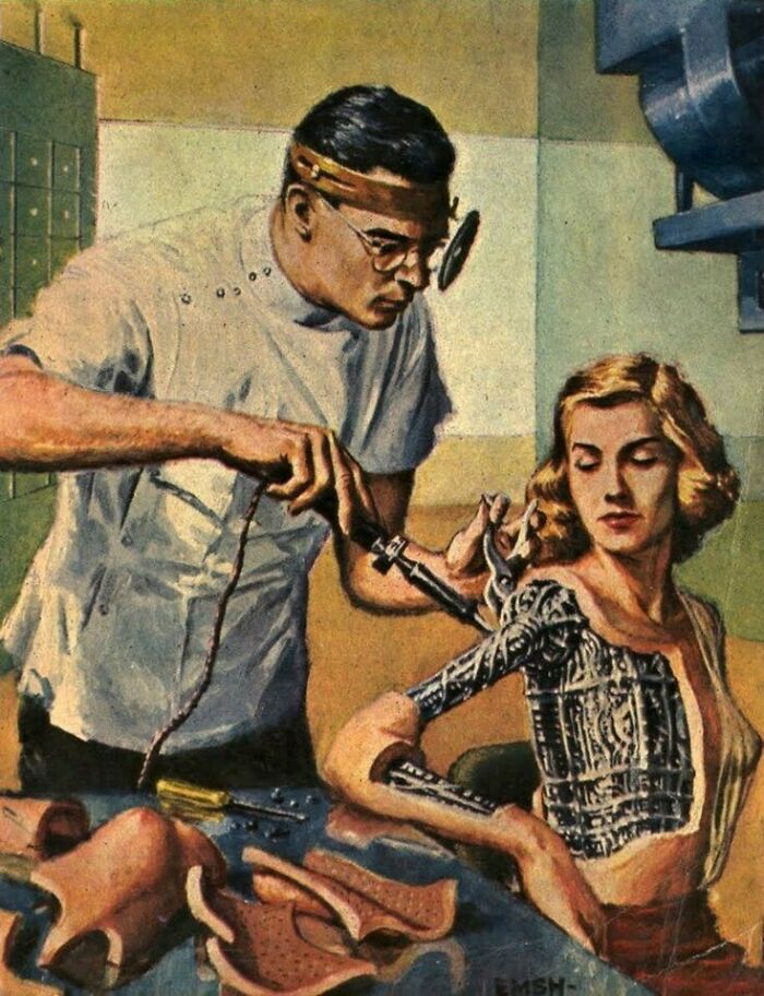 Retrofuturism artwork of man fitting robotic arm cybernetic prosthetic on woman