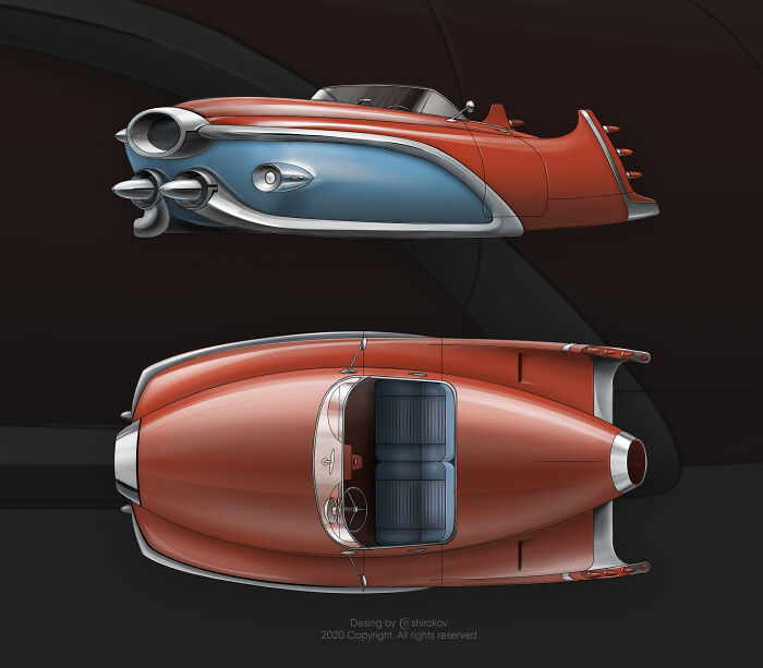 Retrofuturism design of a sleek red and blue retro flying car concept