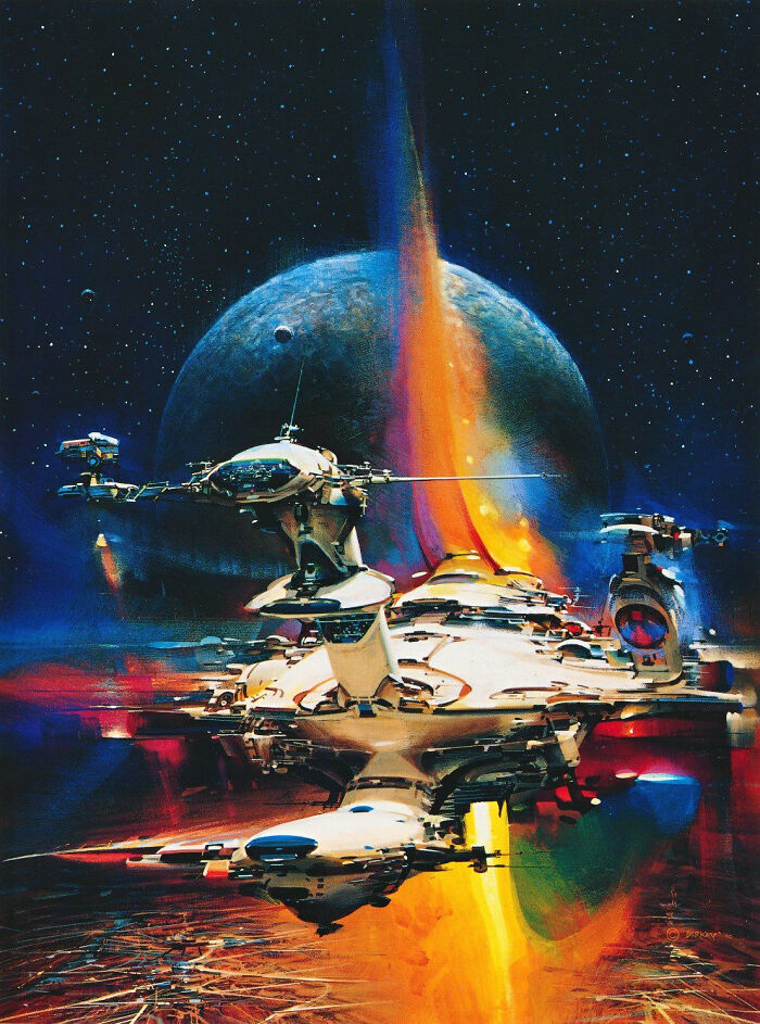 Retrofuturism painting of large space vessel near colorful cosmic celestial body