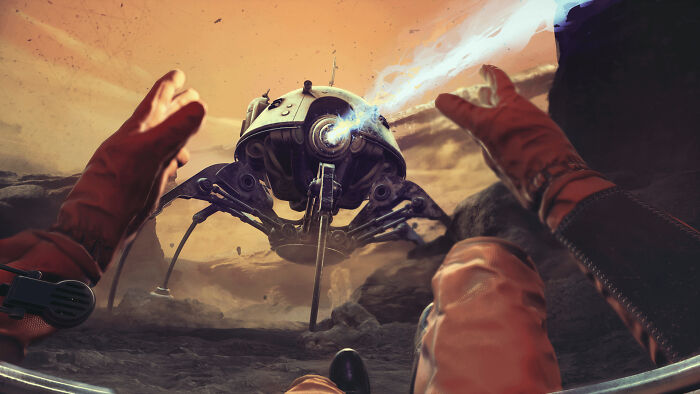 Retrofuturism view of a retro robot spraying fire on astronaut's gloves on rocky terrain