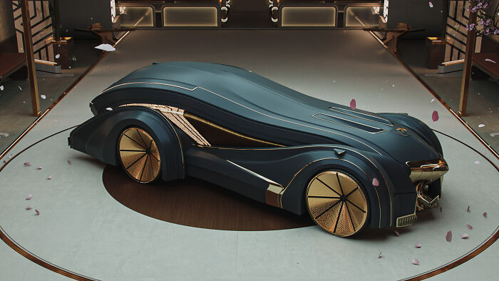 Sleek black and gold retro futurism car with gold rims displayed indoors with petal decorations