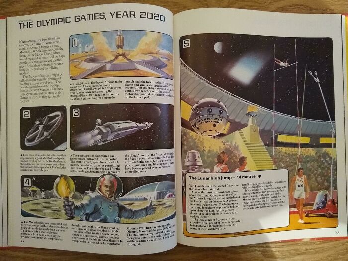 Pages from a retro futurism book depicting Olympic Games in the year 2020 with space-themed illustrations