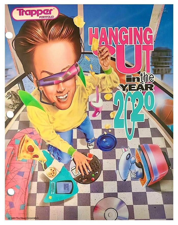 1990s retro futurism poster showing a man with VR glasses and futuristic gadgets in a room