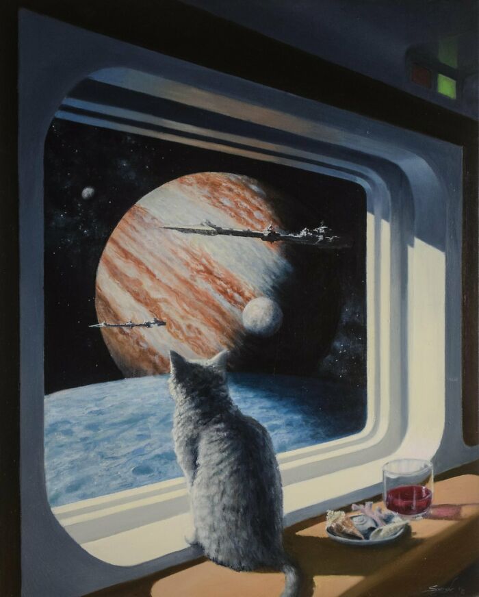 Retrofuturism painting of a cat looking out a spaceship window at a large planet with spaceships