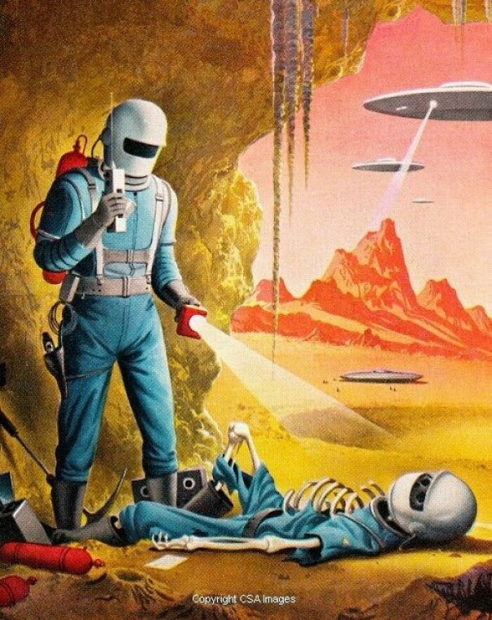 Retrofuturism illustration of an astronaut discovering a skeleton on an alien planet with UFOs overhead