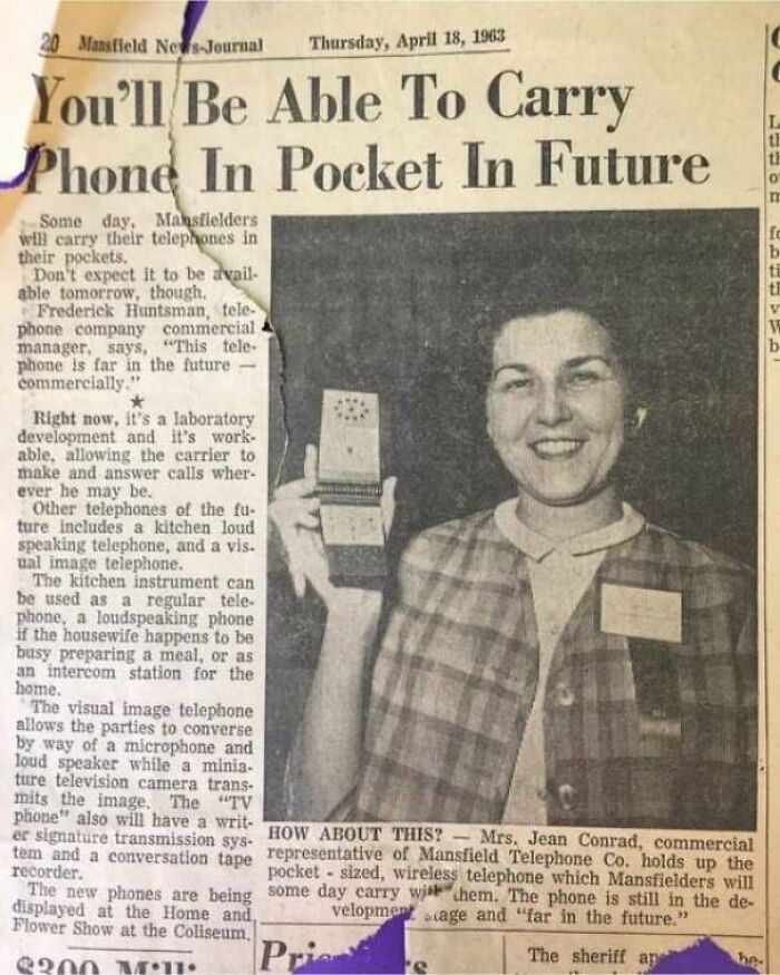 Vintage newspaper clipping predicting future pocket-sized mobile phones with a woman holding a prototype