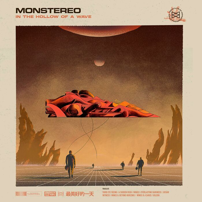 Retrofuturism artwork featuring futuristic red aircraft and human figures on a grid landscape