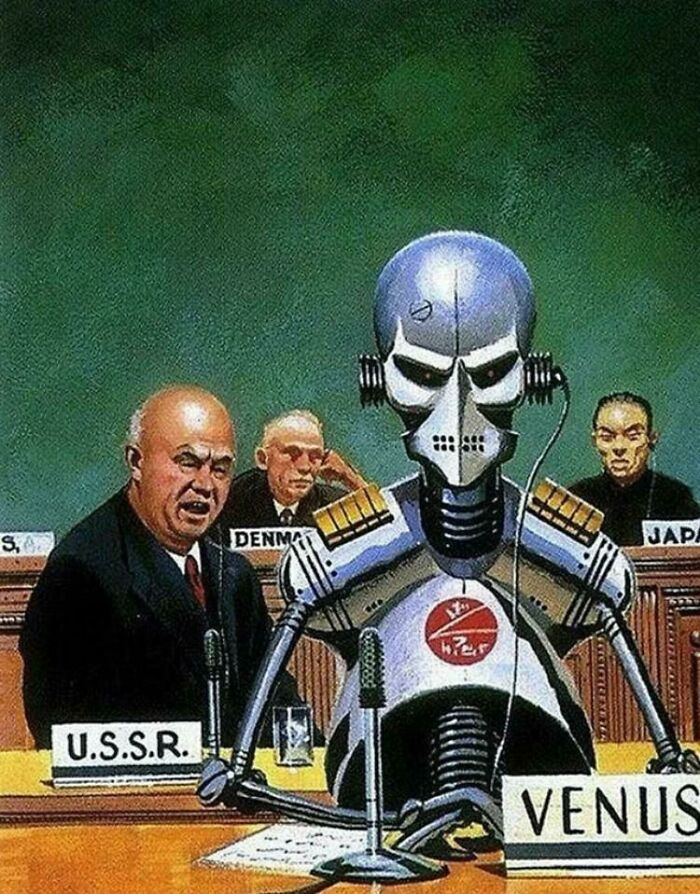 Retrofuturism art showing a robot as a delegate at a political conference among human representatives
