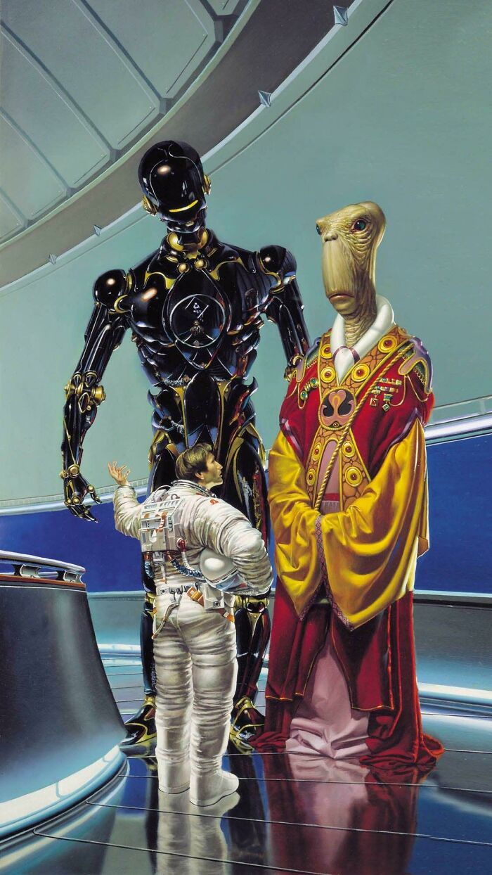 Retrofuturism sci-fi scene with astronaut and robot alien figures in futuristic room