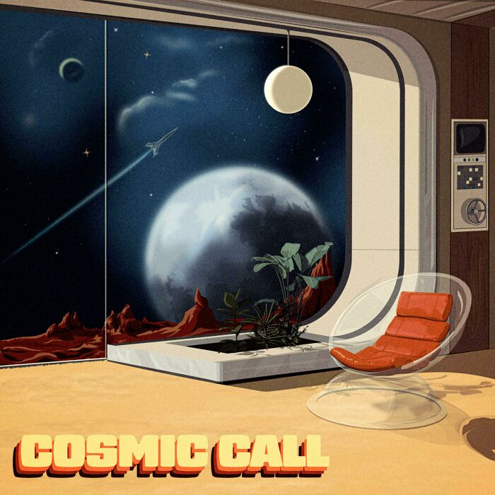 Retrofuturism retro space lounge interior with planet view and modern chair