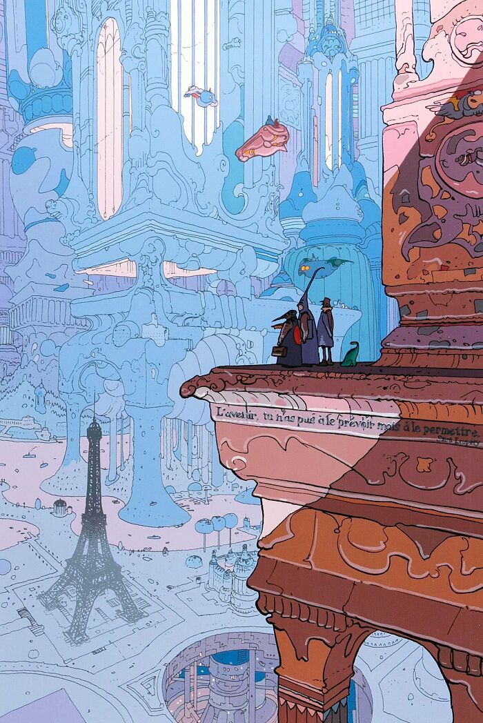 Retrofuturism colorful futuristic cityscape illustration with floating objects and Eiffel Tower