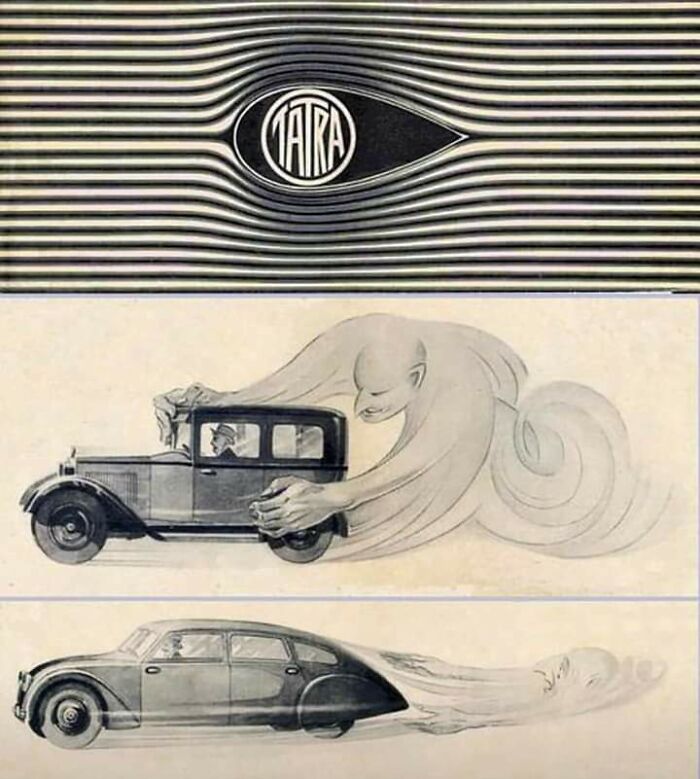 Retrofuturism vintage Tatra car advertisement with sleek aerodynamic car designs