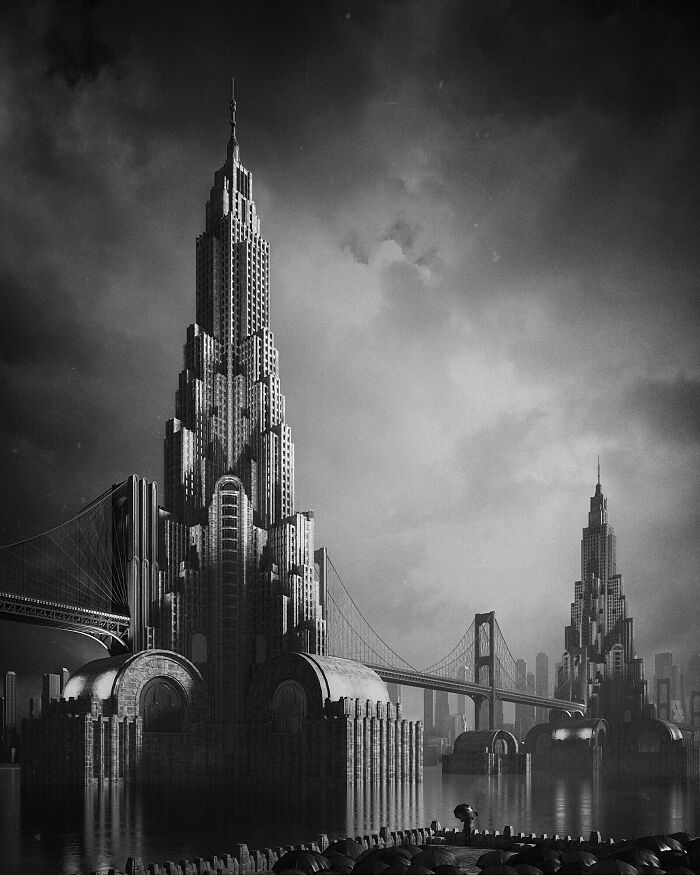 Retrofuturism black and white city skyline with towering art deco buildings and bridge
