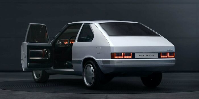 Retrofuturism inspired futuristic white car with open door in dark setting