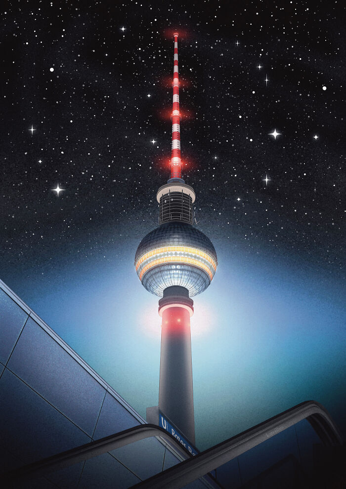 Retrofuturism illuminated space tower against starry night sky