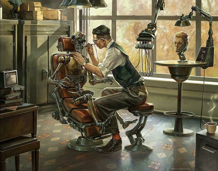 Retrofuturism artist working on humanoid robot in vintage workshop