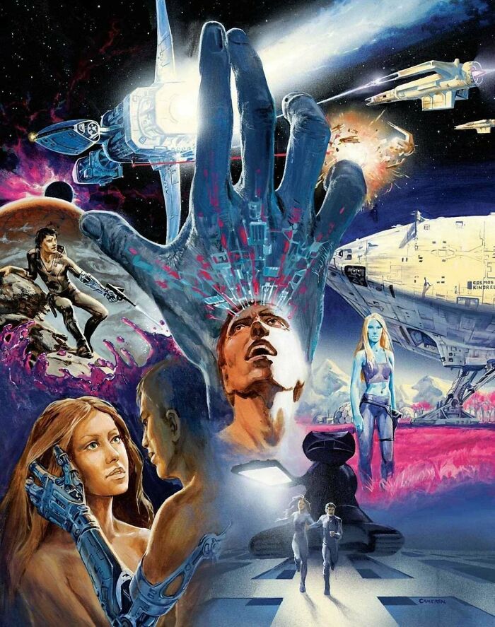Retrofuturism sci-fi space battle poster with giant robotic hand and futuristic characters