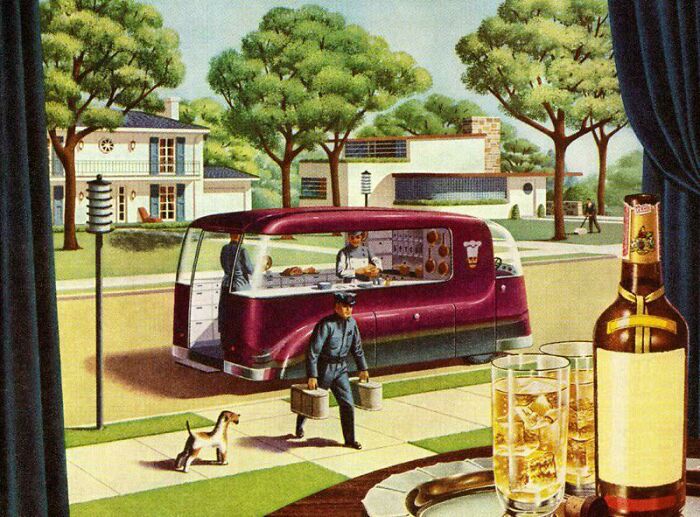 Retrofuturism futuristic mobile food truck in a suburban neighborhood