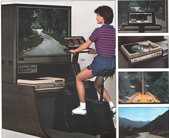 Retrofuturism 1980s exercise bike simulator with scenic virtual trail