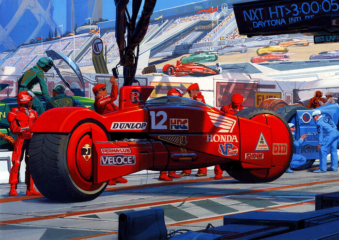Retrofuturism Honda futuristic racing car showcase with pit crew