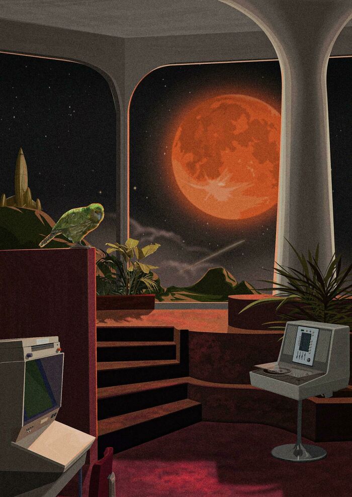 Retrofuturism futuristic lounge overlooking orange moon and computer consoles