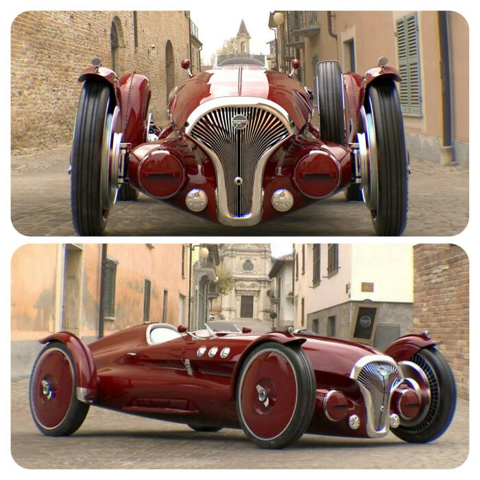 Retrofuturism classic red vintage racing car with aerodynamic body and large wheels